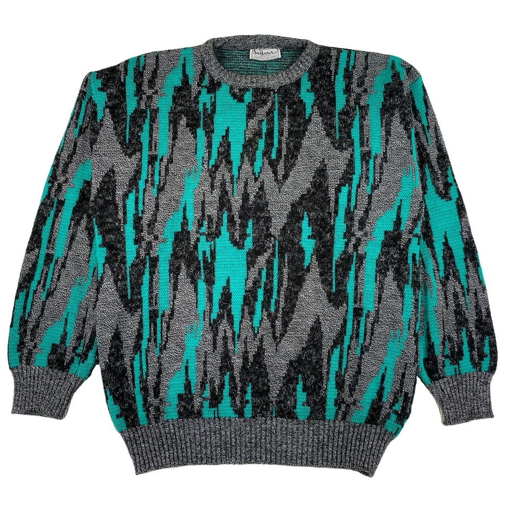 Vintage Santana Geometric Sweater Pullover Adult XL Gray Teal Made In Italy